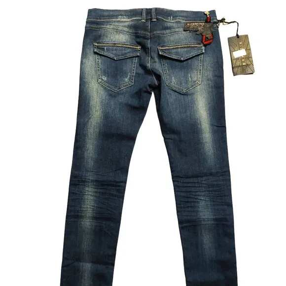 John Richmond Distressed Cropped Skinny Blue Washed Denim Jeans Sz 28 NWT