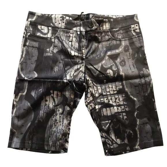John Richmond Satin Black Gray Graphic Print Bermuda Shorts Sz 42 NWT