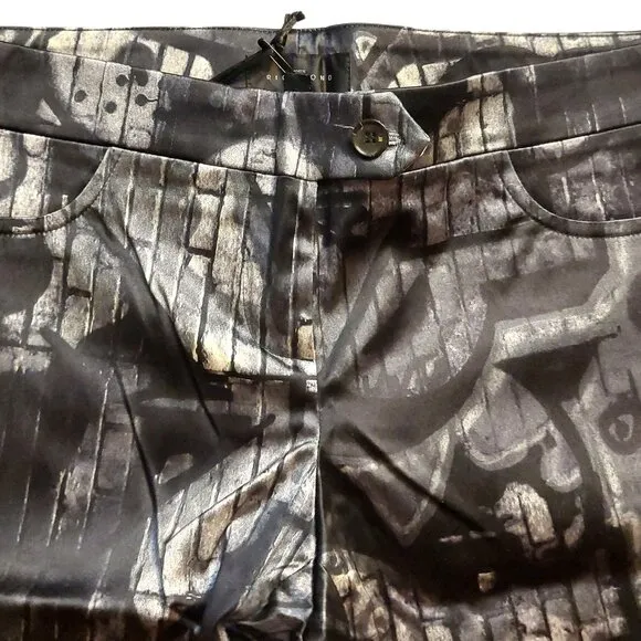 John Richmond Satin Black Gray Graphic Print Bermuda Shorts Sz 42 NWT