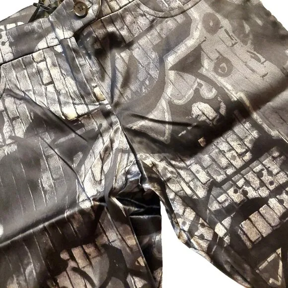 John Richmond Satin Black Gray Graphic Print Bermuda Shorts Sz 42 NWT