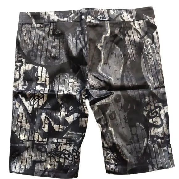 John Richmond Satin Black Gray Graphic Print Bermuda Shorts Sz 42 NWT