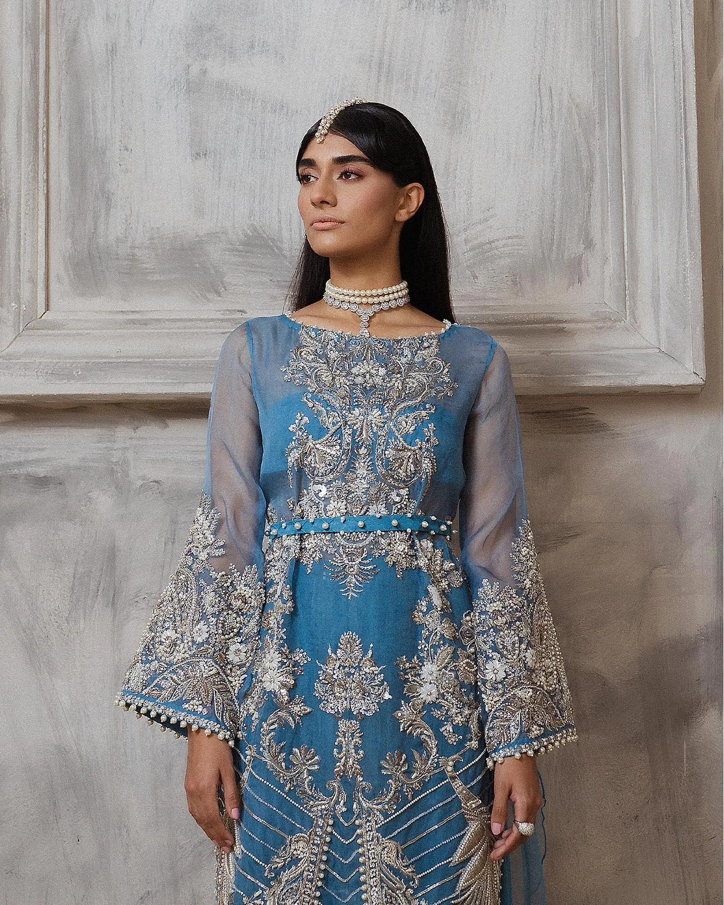Kameez Trouser Embellished Blue Pakistani Wedding Dress