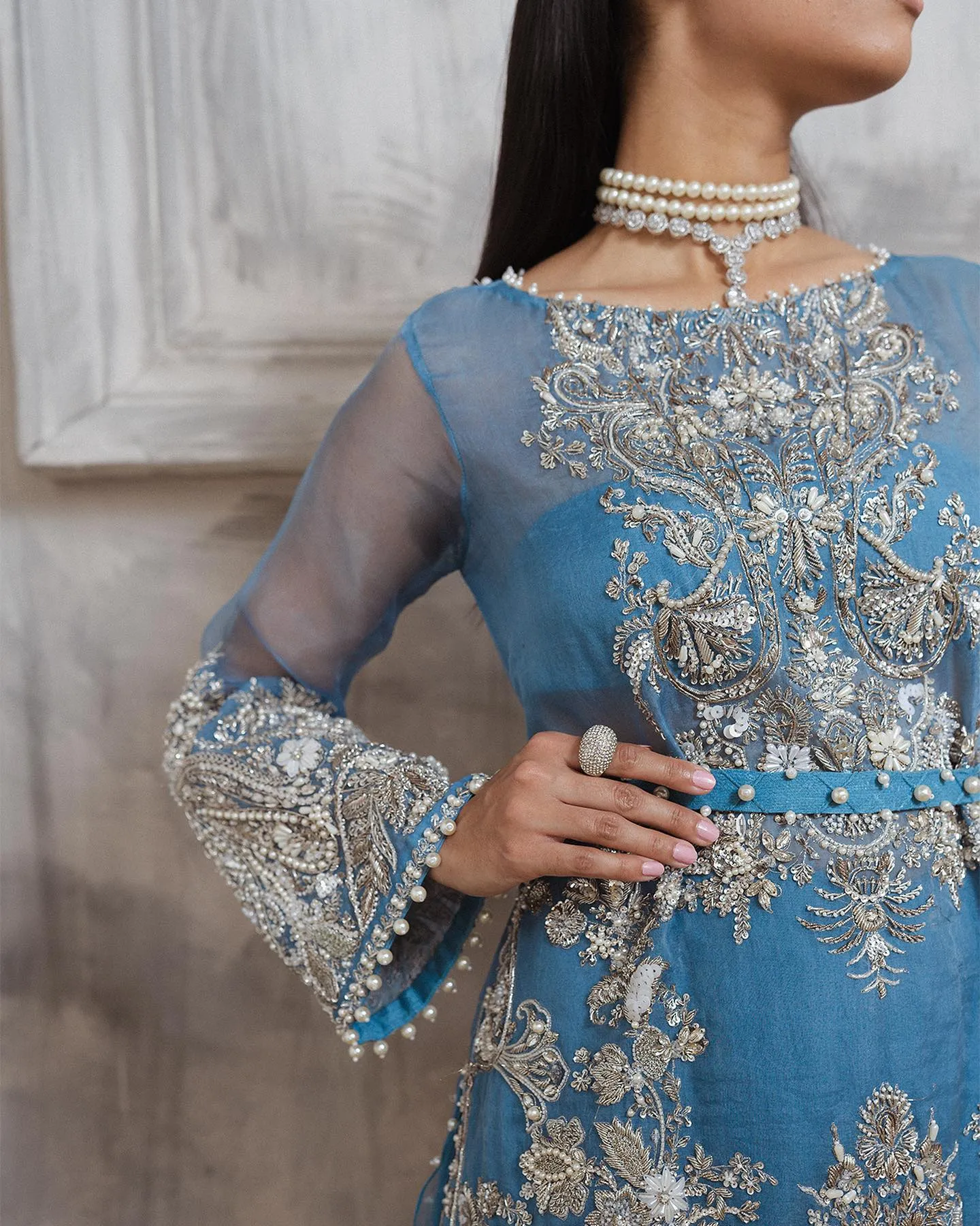 Kameez Trouser Embellished Blue Pakistani Wedding Dress
