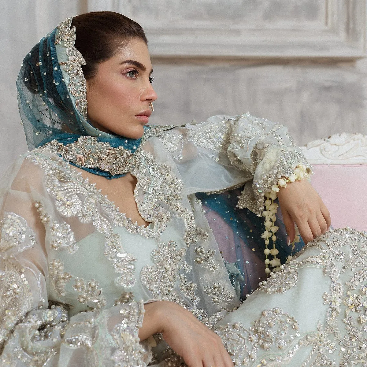 Kameez Trouser Pakistani Wedding Dress in Blue Color