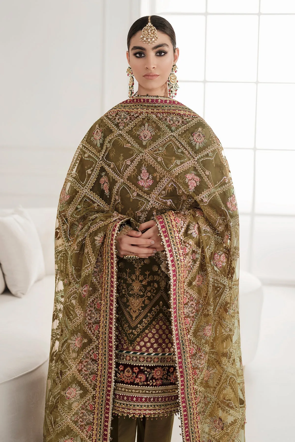 Kameez Trouser Style Olive Green Pakistani Party Dress