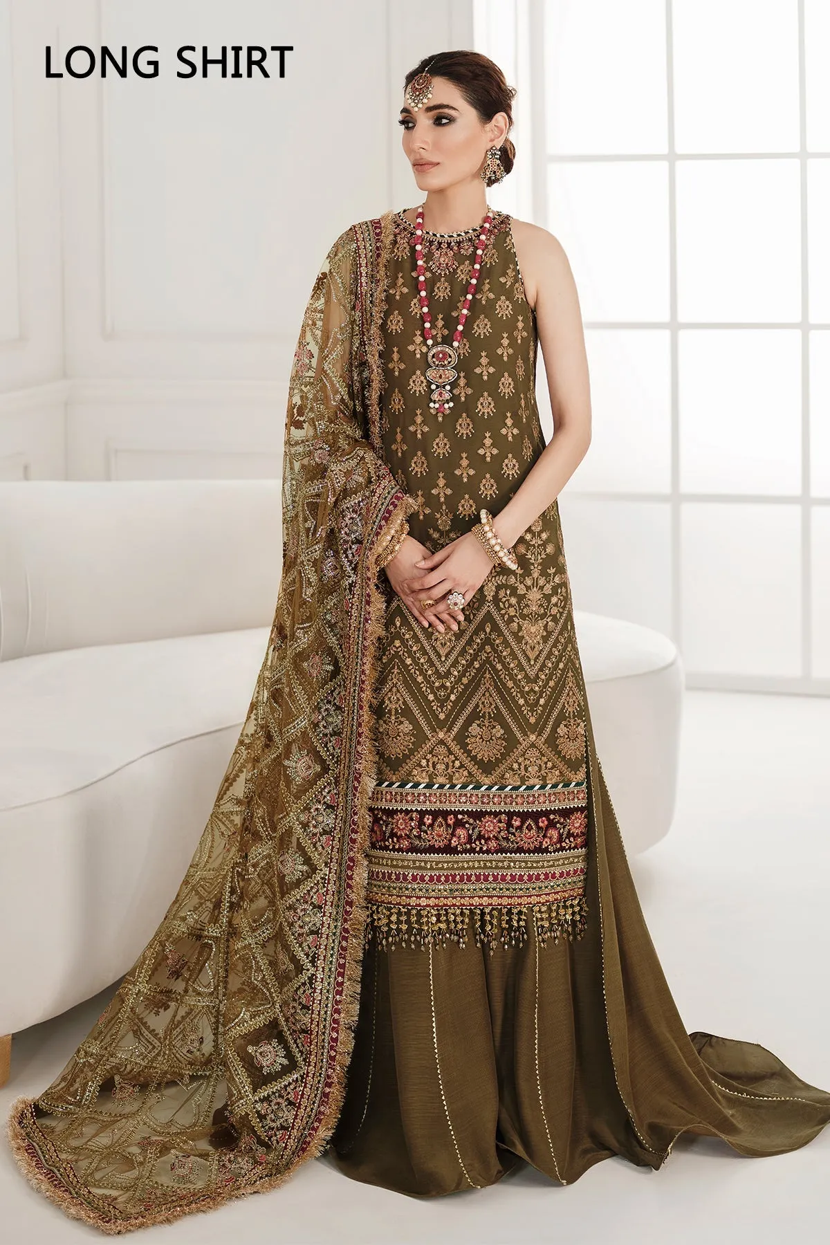 Kameez Trouser Style Olive Green Pakistani Party Dress