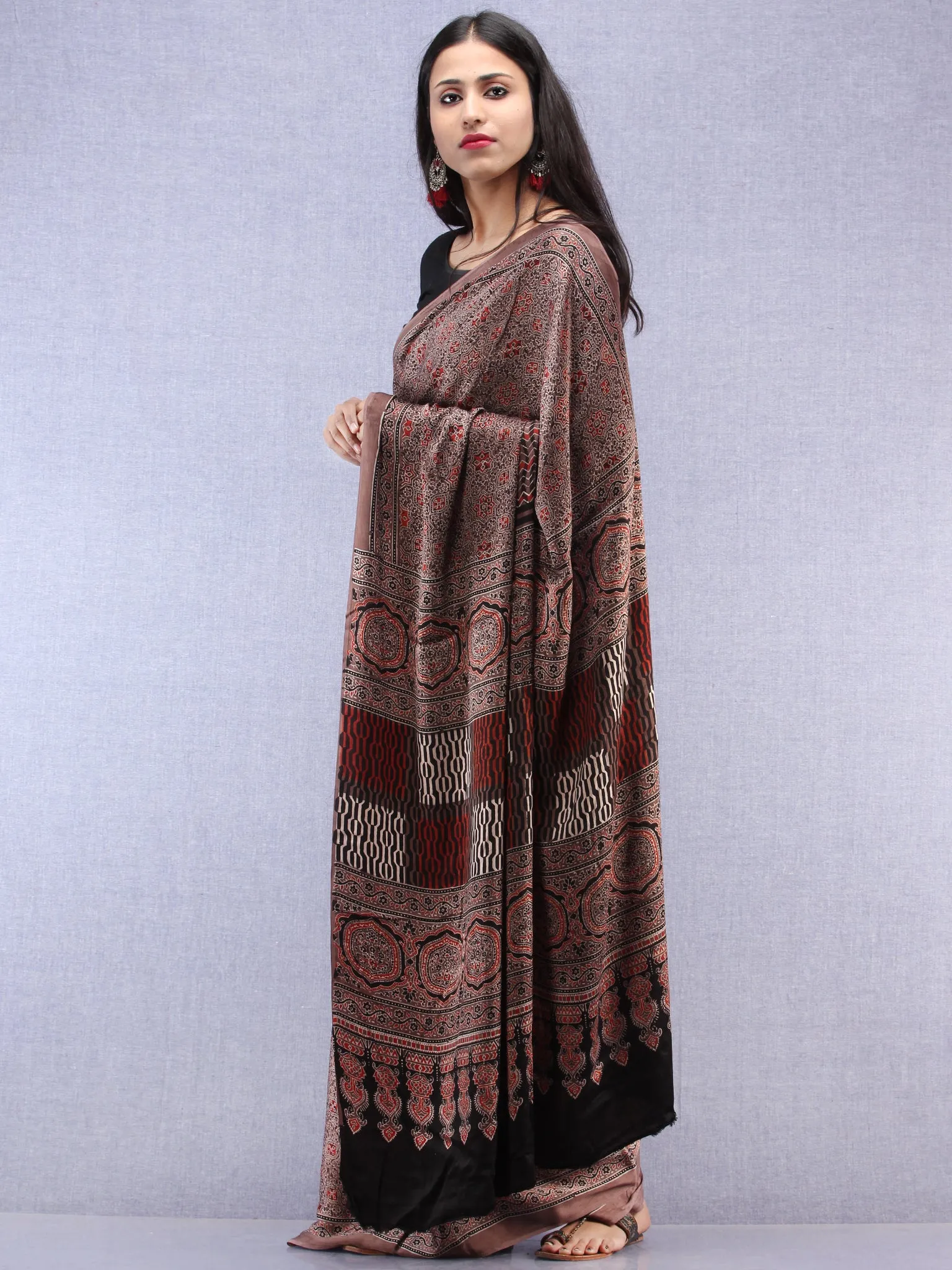 Kashish Beige Black Ajrakh Hand Block Printed Modal Silk Saree - S031704450