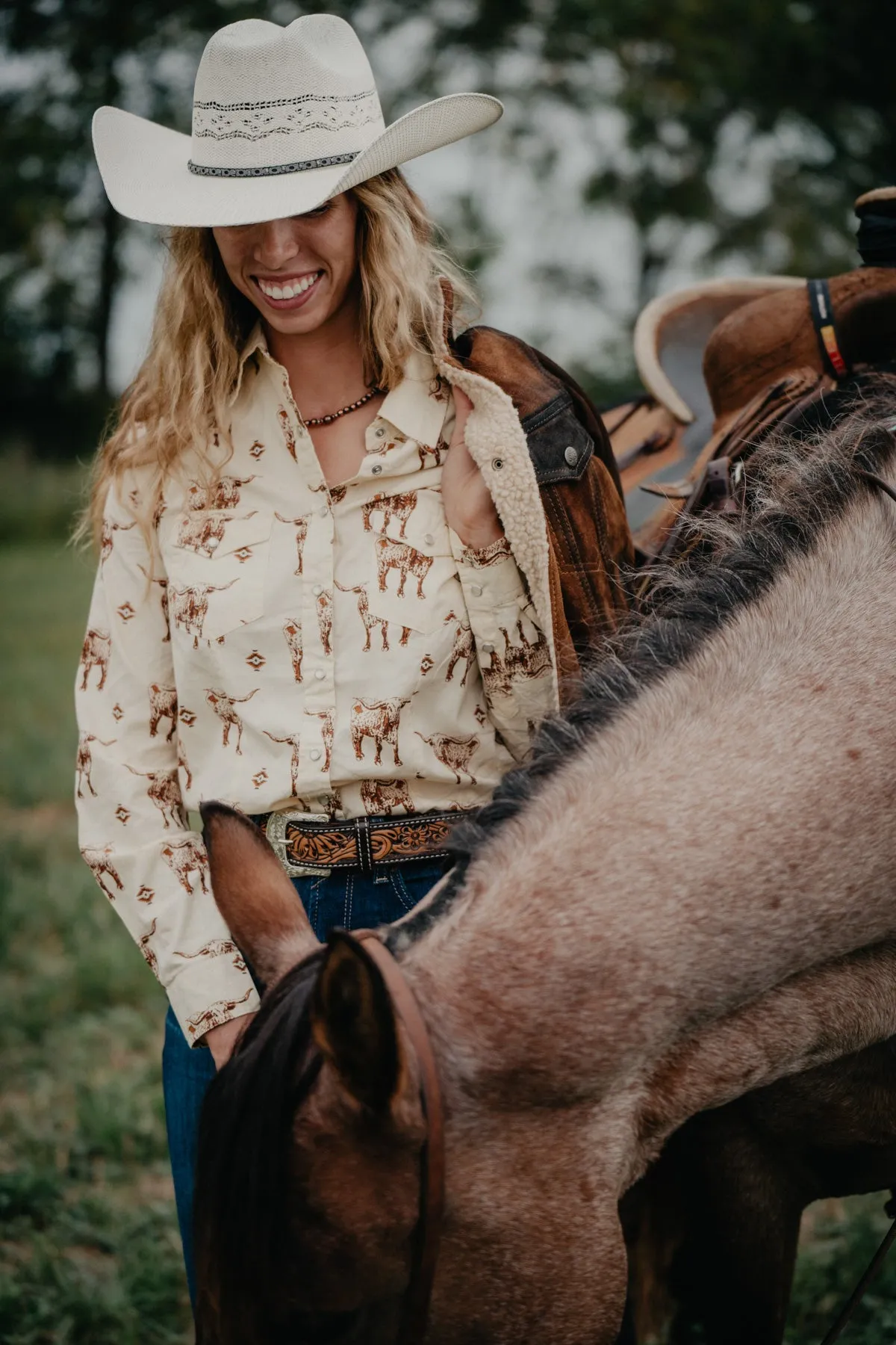 'Klara' Longhorn Cream Pearl Snap (L & XXL ONLY)