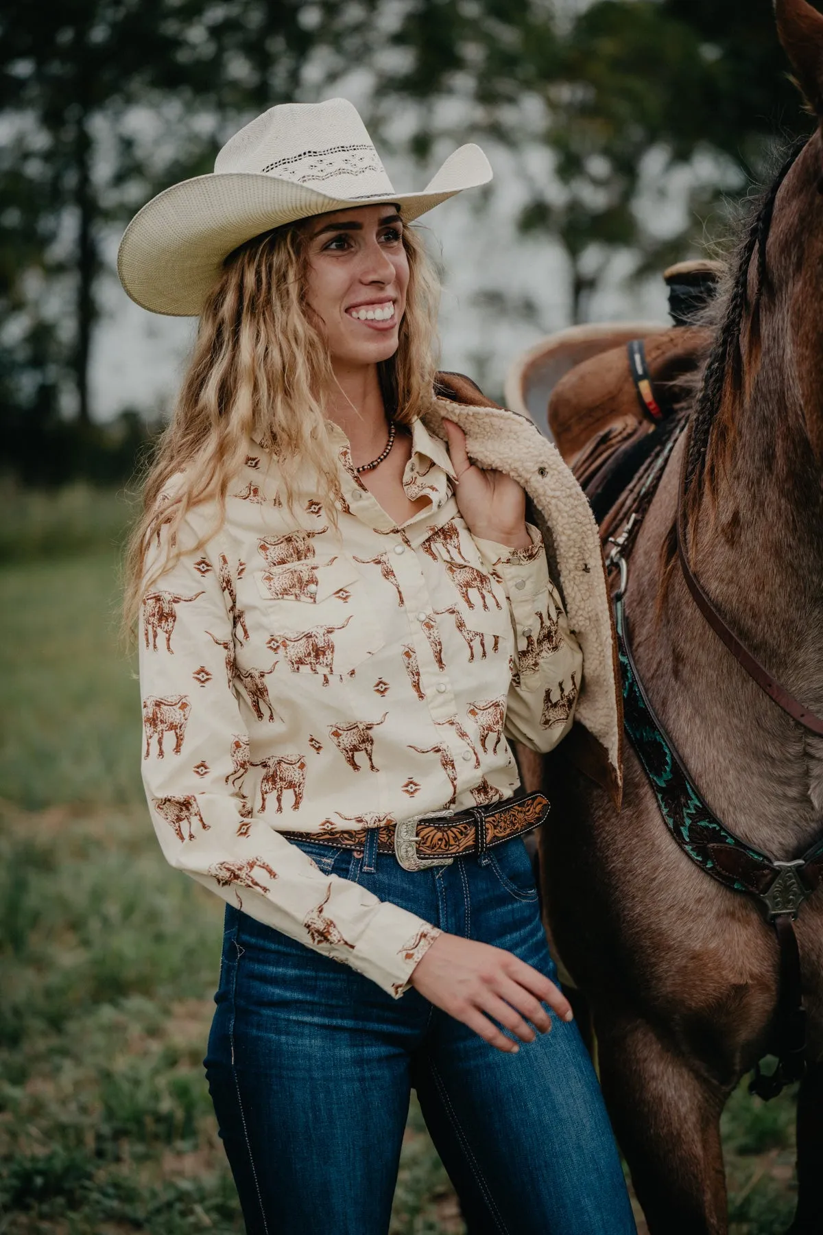 'Klara' Longhorn Cream Pearl Snap (L & XXL ONLY)