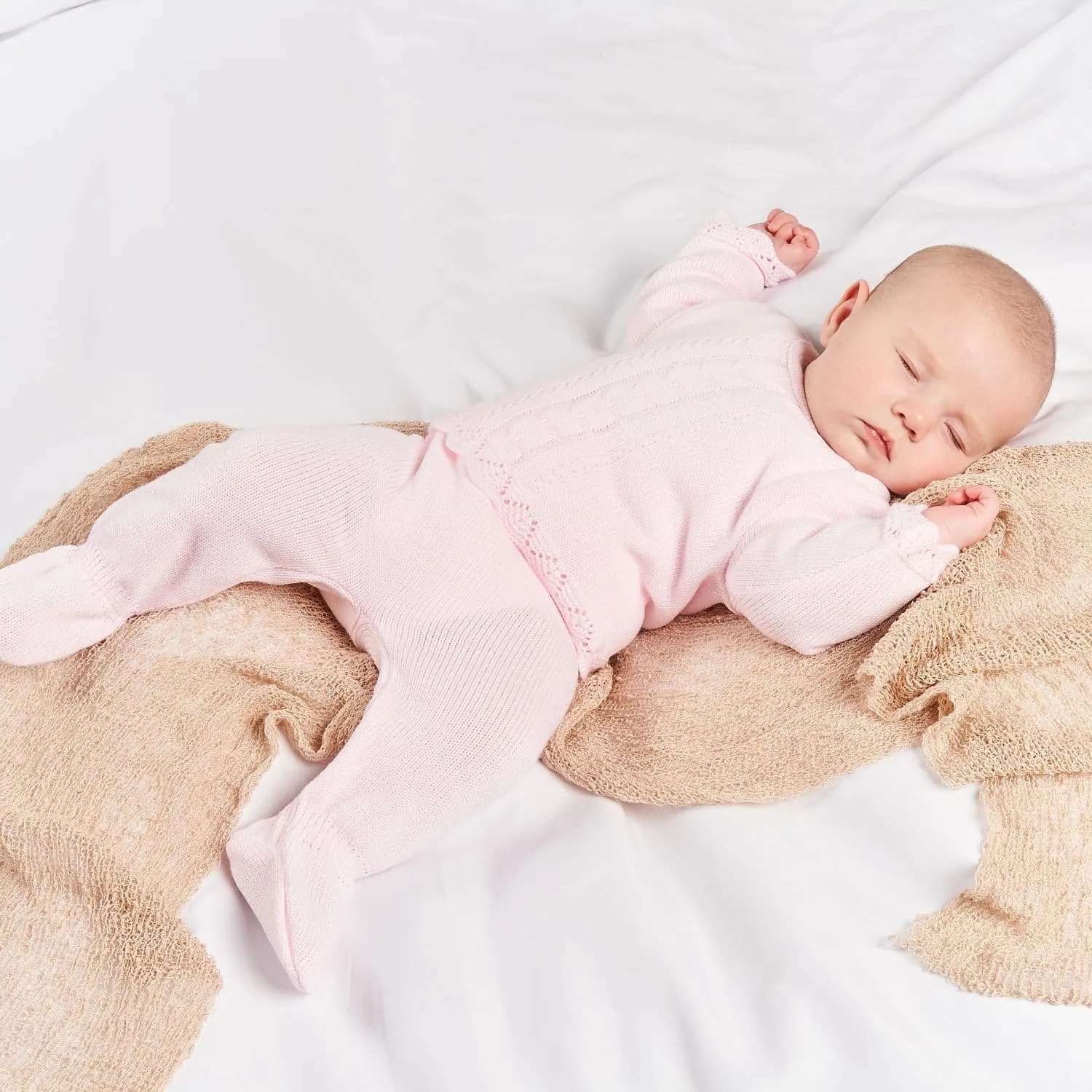 Knitted Baby Outfit - Pink Cable Lace Trim Top and Trousers