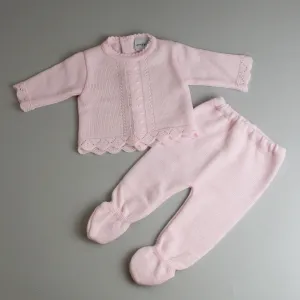Knitted Baby Outfit - Pink Cable Lace Trim Top and Trousers