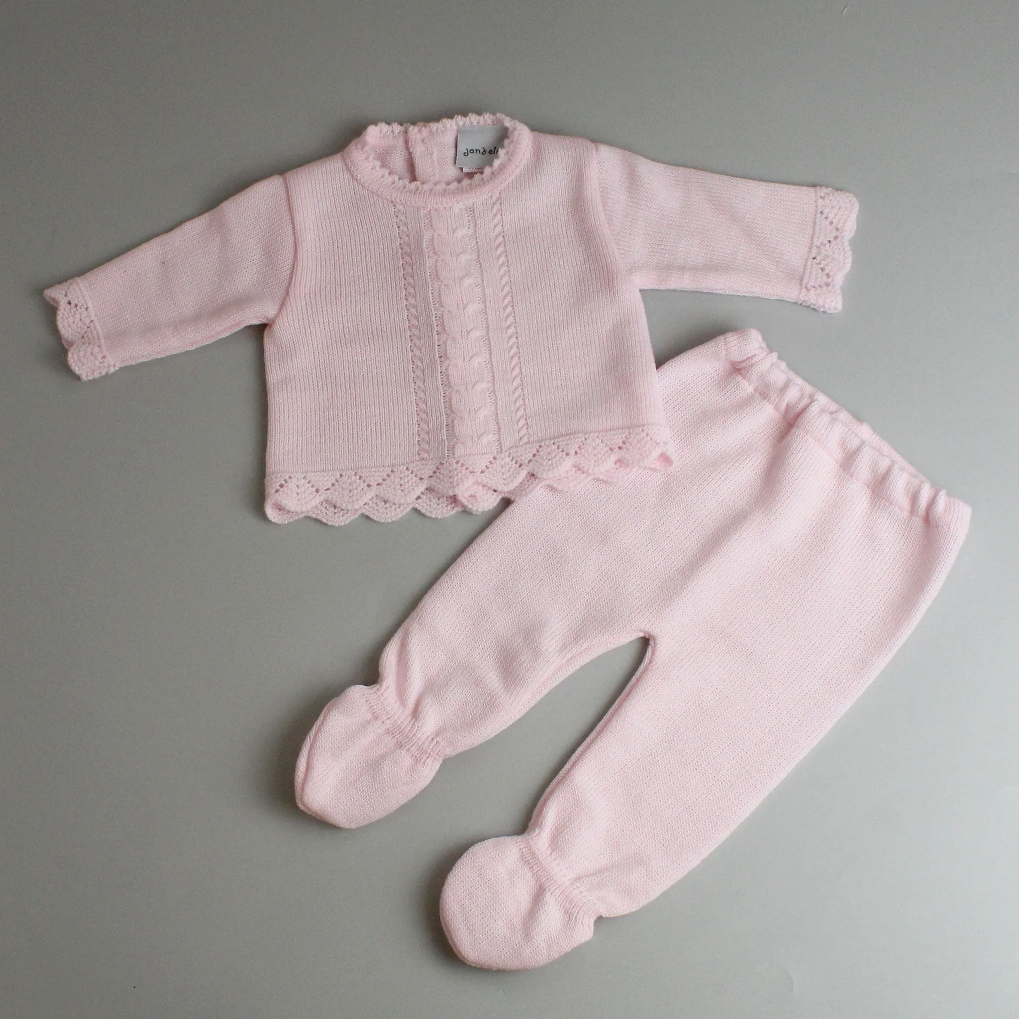 Knitted Baby Outfit - Pink Cable Lace Trim Top and Trousers