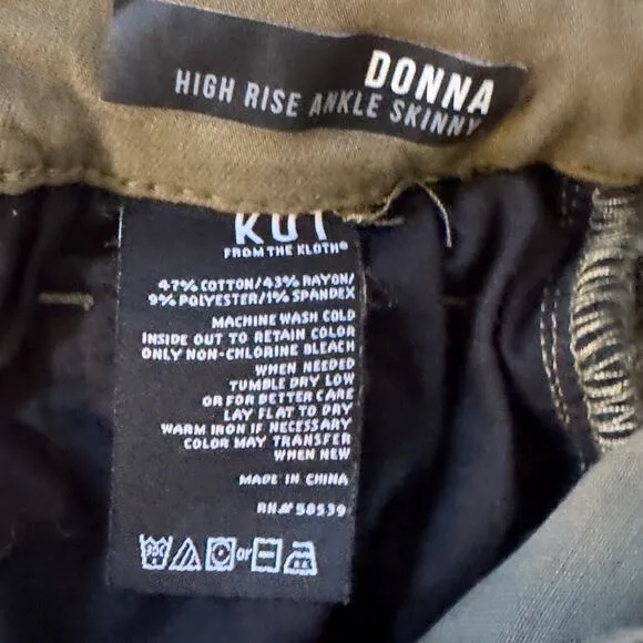 Kut From The Cloth Donna High Rise Ankle Skinny Jeans, EUC, Size 6, MSRP $120