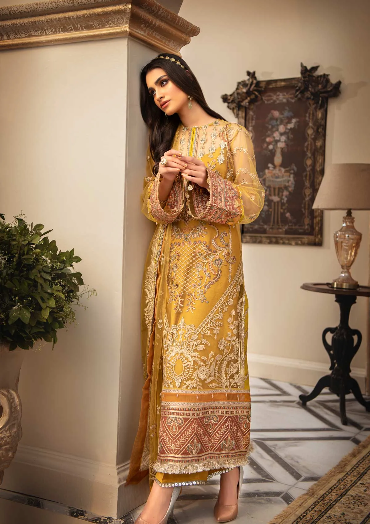 Latest Pakistani Yellow Dress in Long Style #PF453