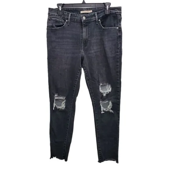 Levi's 721 High Rise Skinny Woman's Black Ripped Frayed Ankle Jeans Plus Size 32