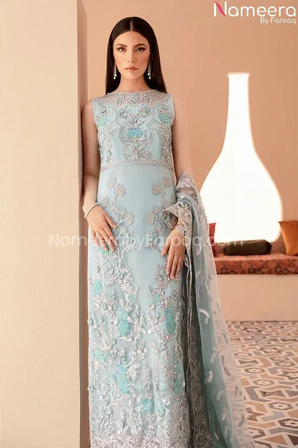 Long Dress Pakistani In Sky Blue Color 2021 #PF220