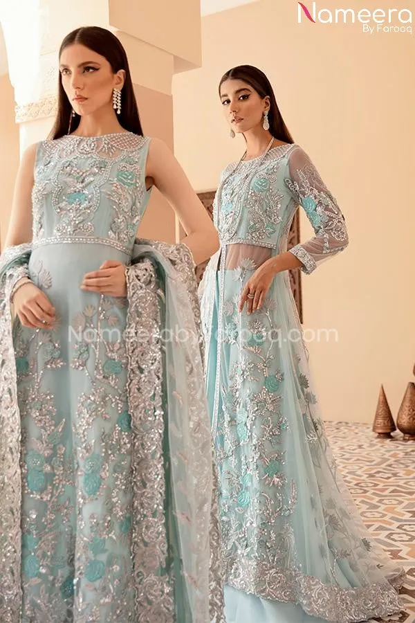 Long Dress Pakistani In Sky Blue Color 2021 #PF220