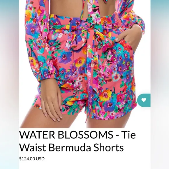 Luli Fama size L Bermuda short electric coral water blossoms tie waist.
