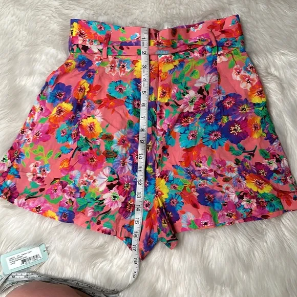 Luli Fama size L Bermuda short electric coral water blossoms tie waist.