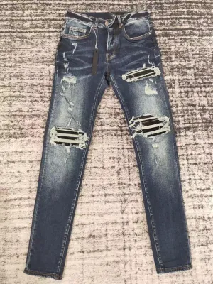 men leather patch distressed indigo jeans