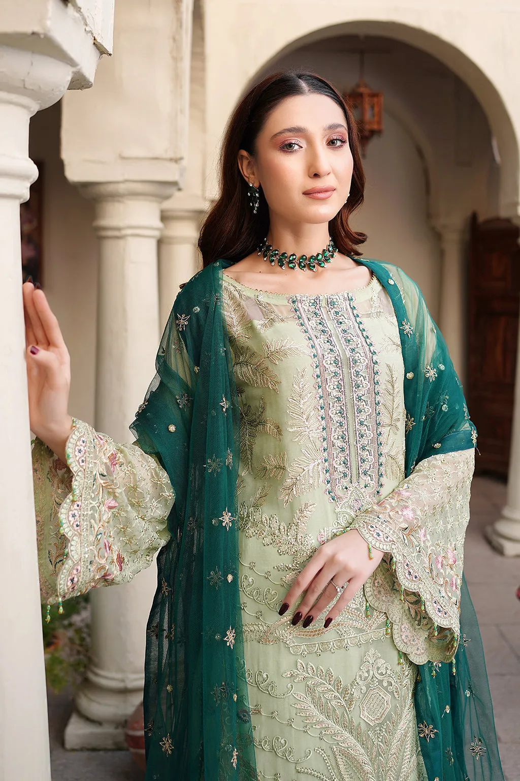 Mint Green Embroidered Pakistani Salwar Kameez with Sea Green Dupatta