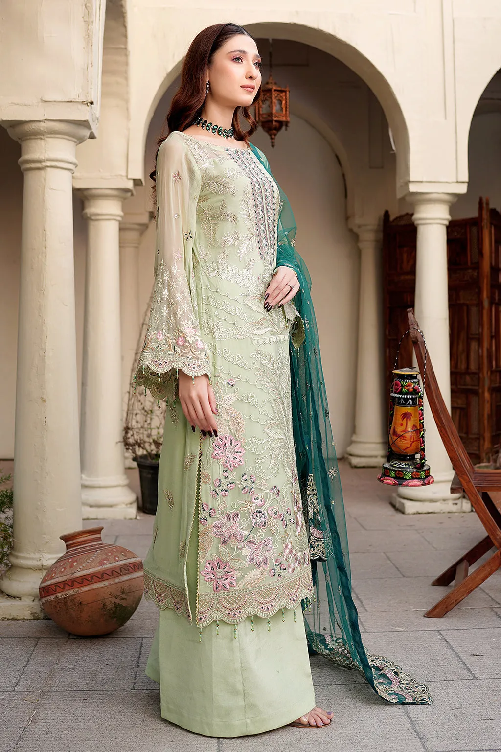 Mint Green Embroidered Pakistani Salwar Kameez with Sea Green Dupatta