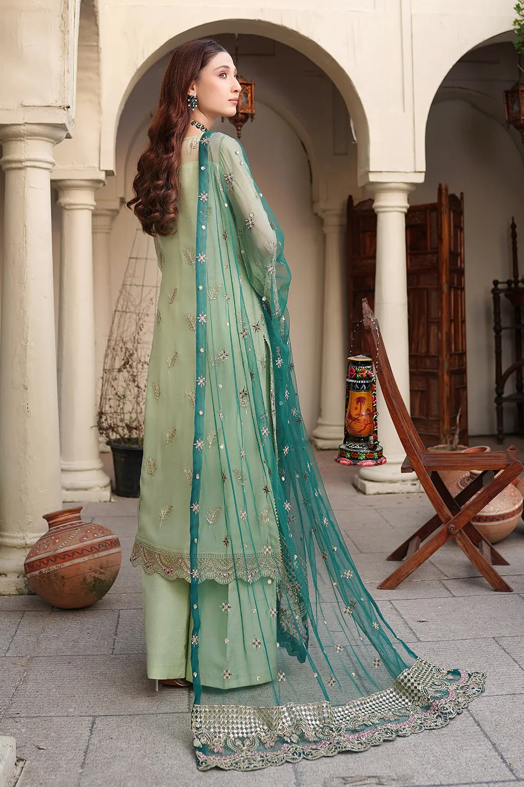 Mint Green Embroidered Pakistani Salwar Kameez with Sea Green Dupatta