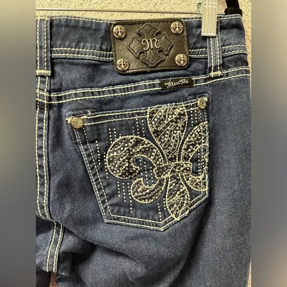 MISS ME Easy Skinny JE5735ESN Fleur de Lis Stretch BLING Dark Wash | size 28
