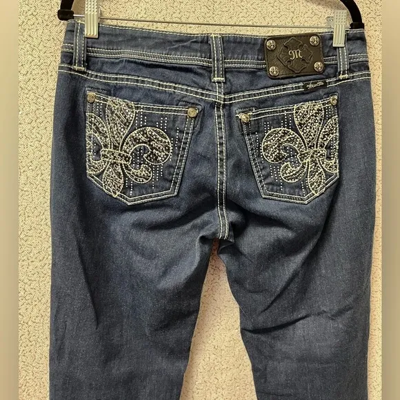 MISS ME Easy Skinny JE5735ESN Fleur de Lis Stretch BLING Dark Wash | size 28