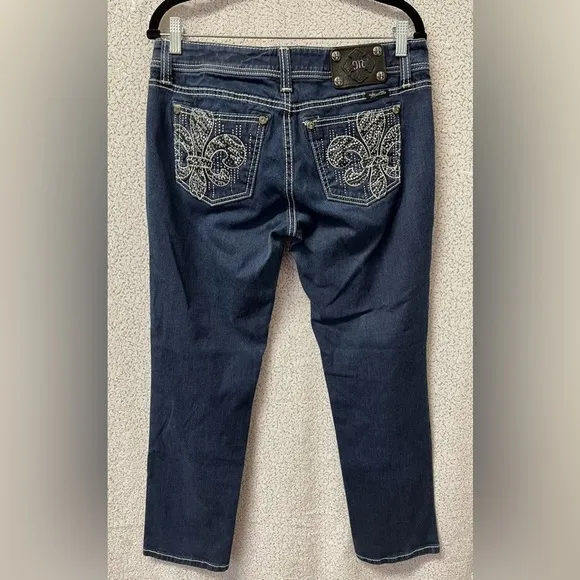 MISS ME Easy Skinny JE5735ESN Fleur de Lis Stretch BLING Dark Wash | size 28