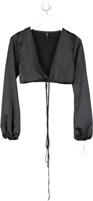 Motelrocks Black Long Sleeve Satin Tie Front Blouse UK S