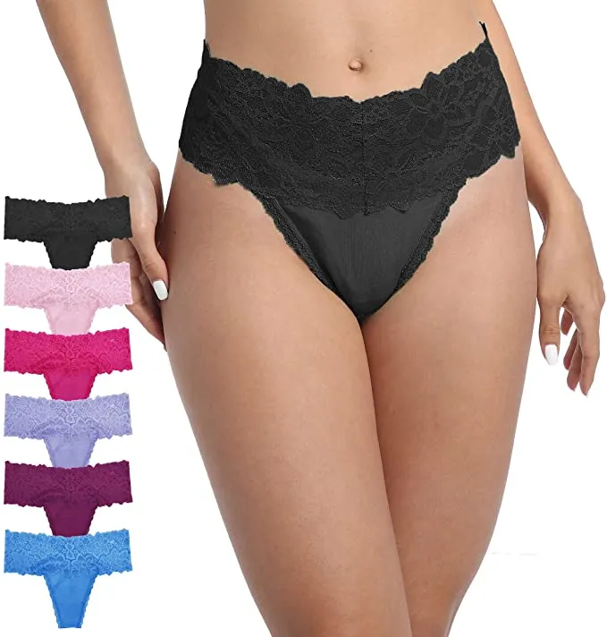 New GAREDOB Lace High Waist Retro Cotton Thong Pack of 6, Plus Size Panties for Women, Sz 3X