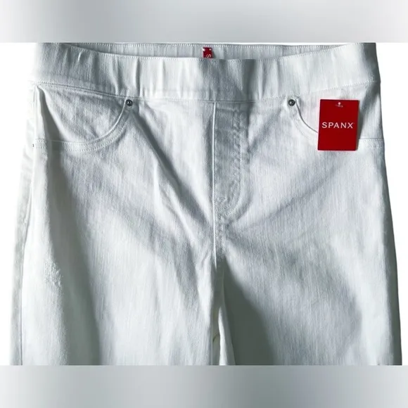 NEW SPANX WHITE SUBTLE DISTRESSED SKINNY JEANS RAW HEM PULL ON SZ L