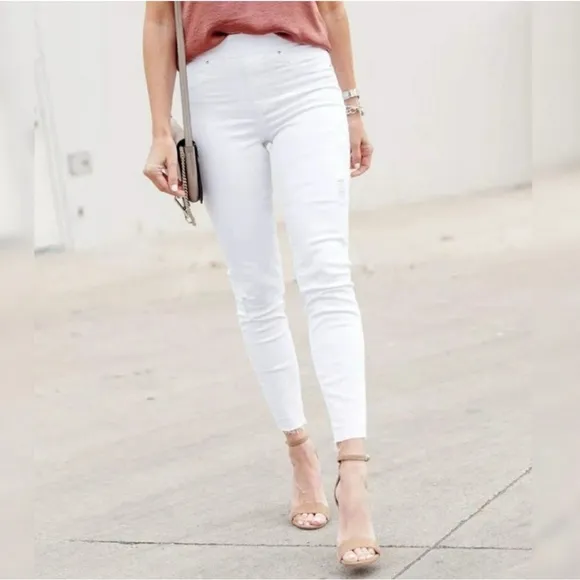 NEW SPANX WHITE SUBTLE DISTRESSED SKINNY JEANS RAW HEM PULL ON SZ L