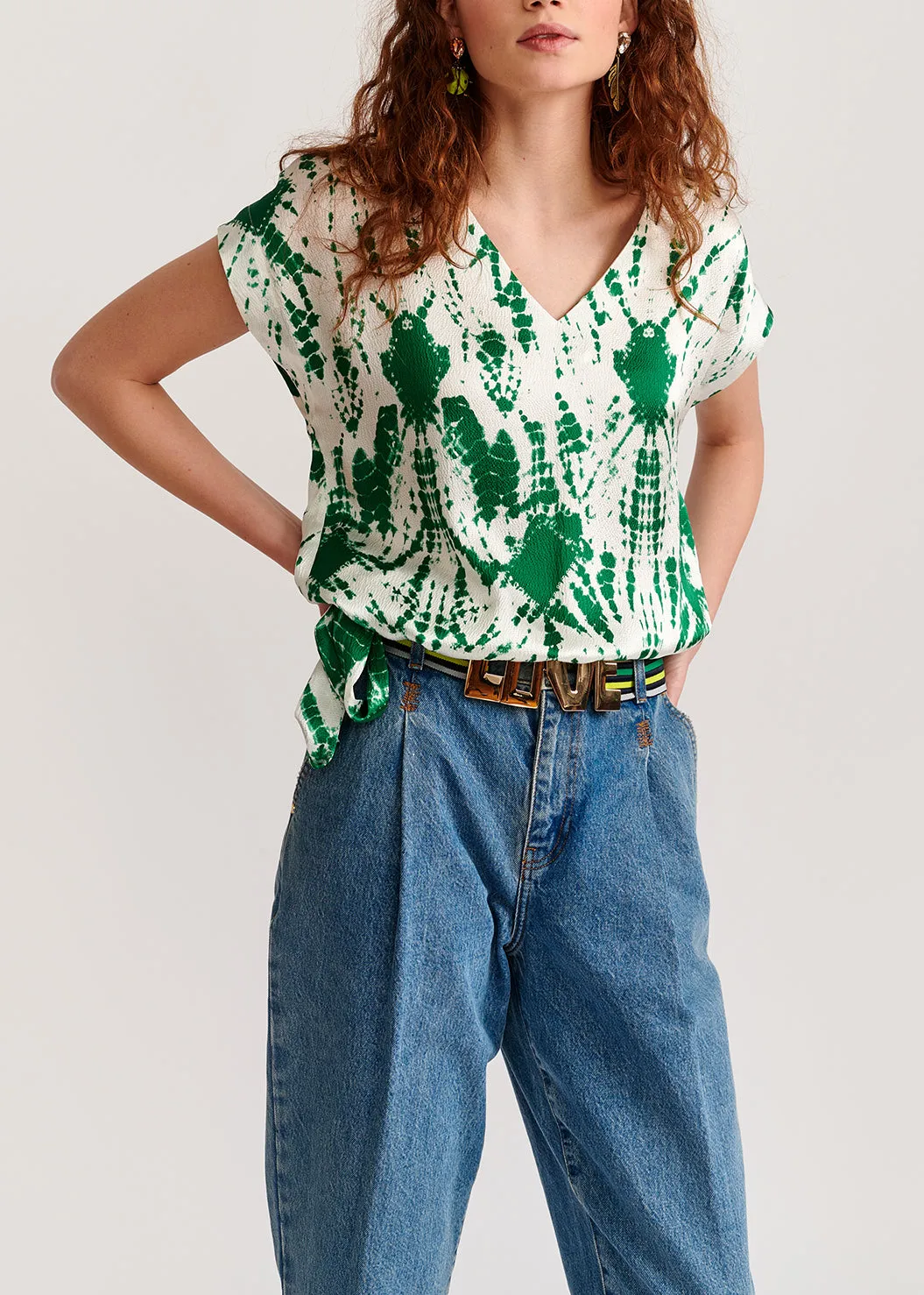 Off-white and green tie-dyed silk top