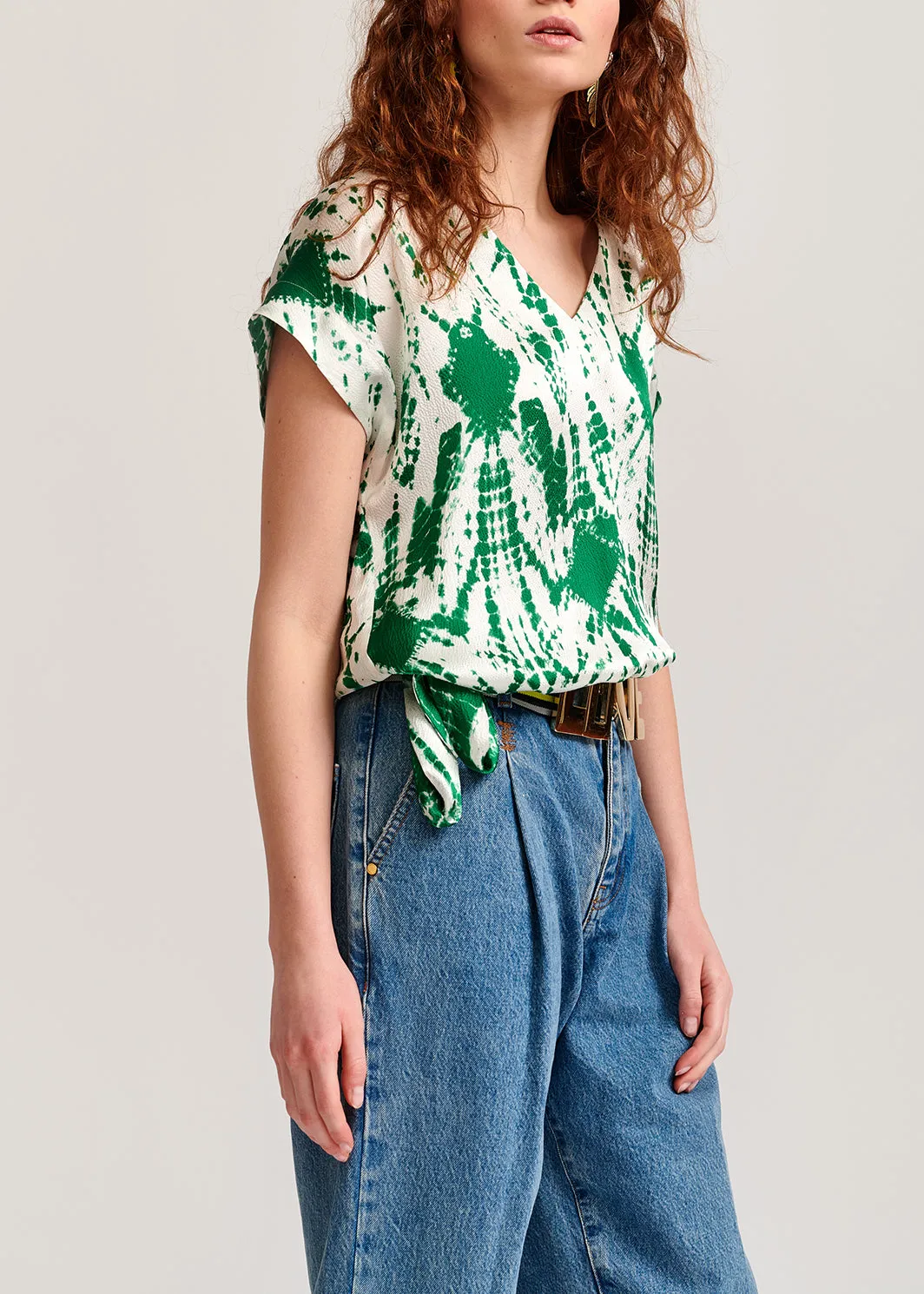 Off-white and green tie-dyed silk top