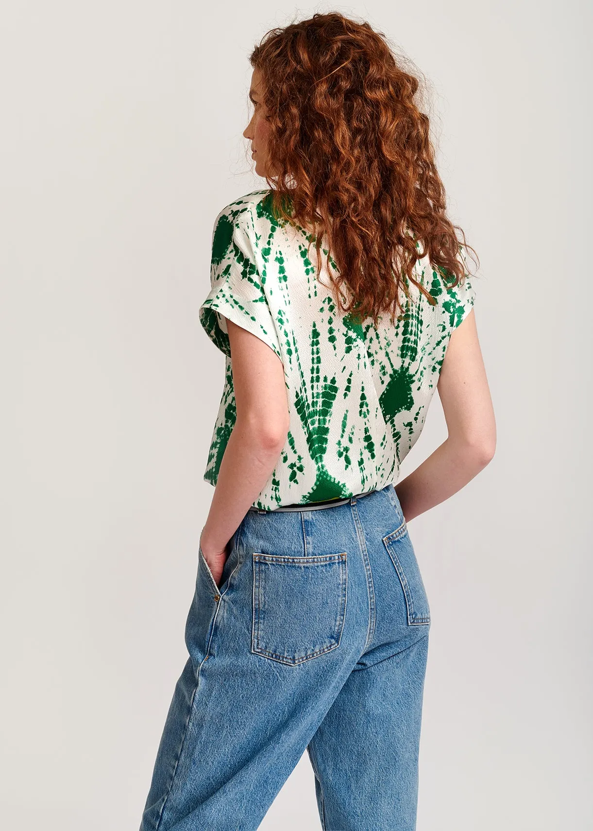 Off-white and green tie-dyed silk top