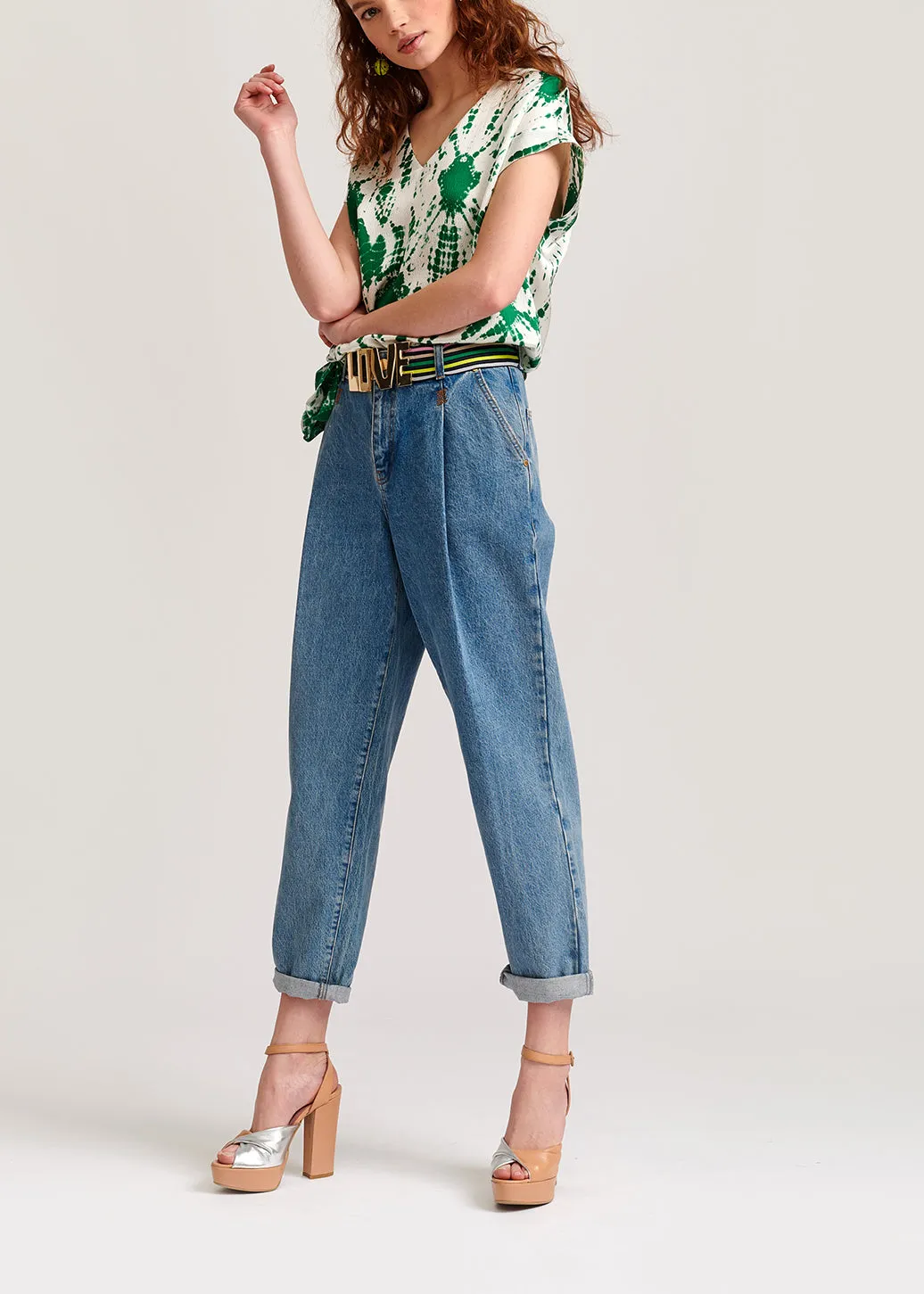 Off-white and green tie-dyed silk top