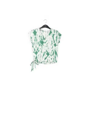 Off-white and green tie-dyed silk top