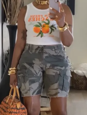 Orange vest   camouflage cargo shorts set