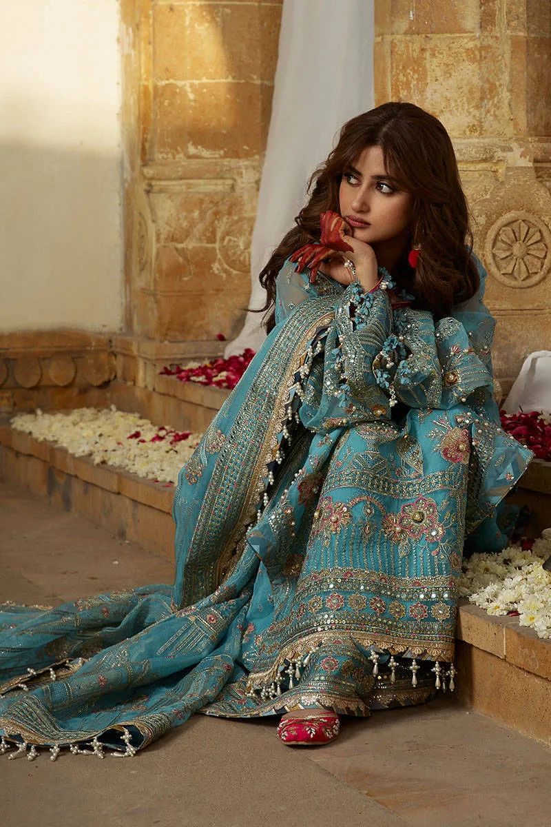 Pakistani Blue Dress in Wedding Kameez Trouser Style