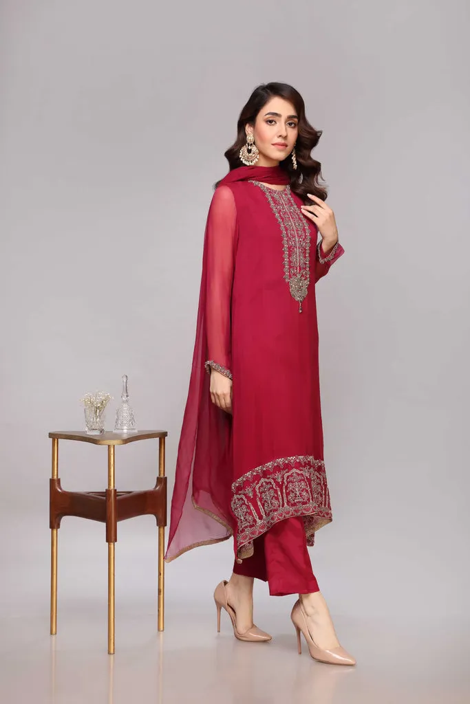 Pakistani Chiffon Dress in Kameez Trouser Dupatta Style