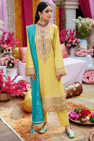Pakistani Eid Dress in Yellow Kameez Trousers and Blue Dupatta