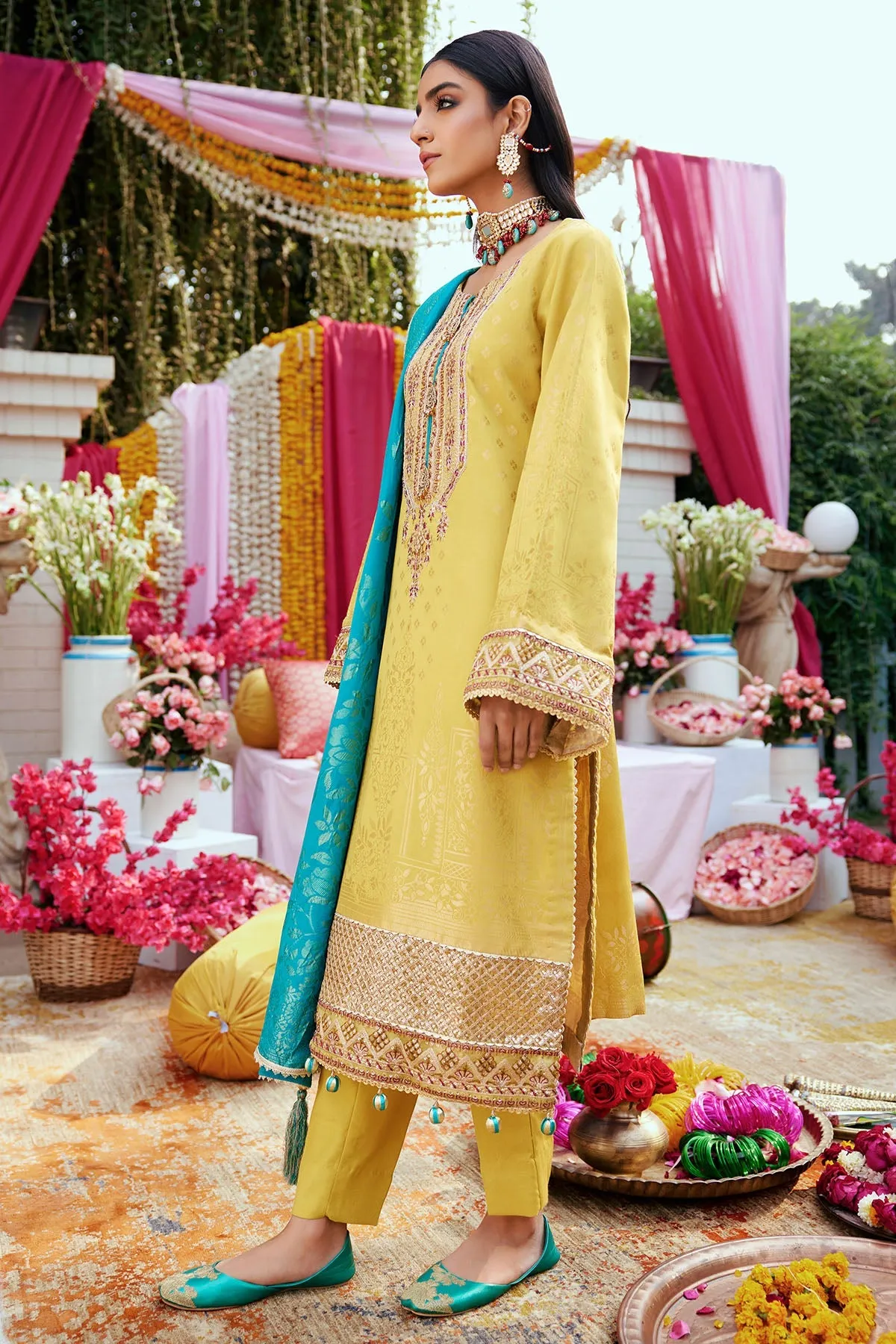Pakistani Eid Dress in Yellow Kameez Trousers and Blue Dupatta