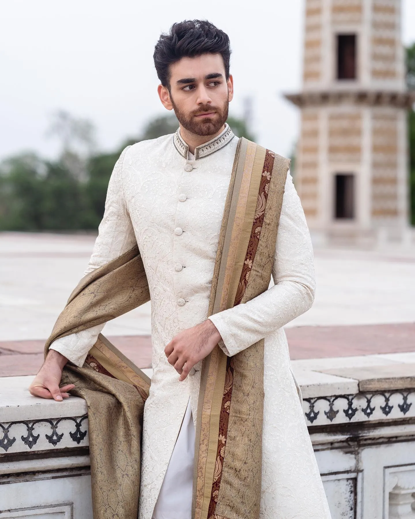 Pakistani Groom Dress in Sherwani Style with Shawl