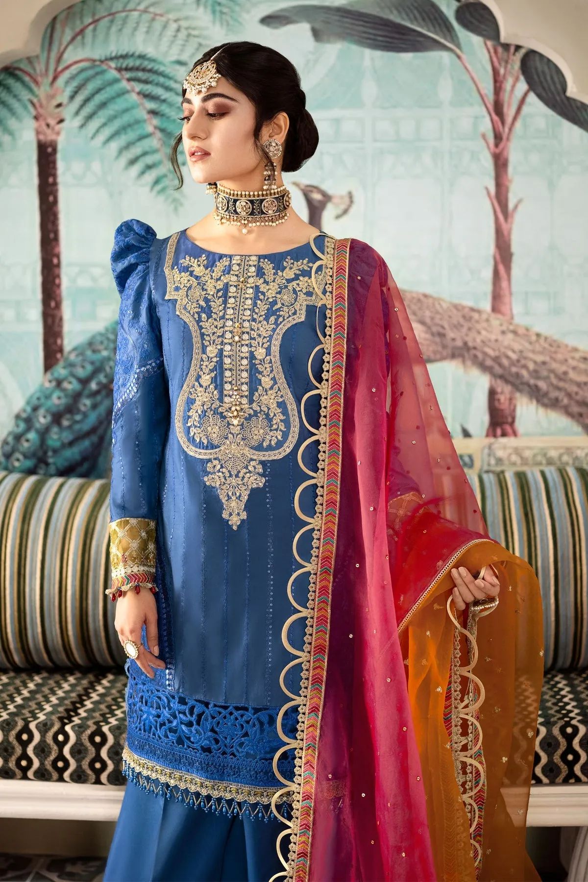 Pakistani Royal Blue Kurti Trousers with Dupatta wedding Party Wear