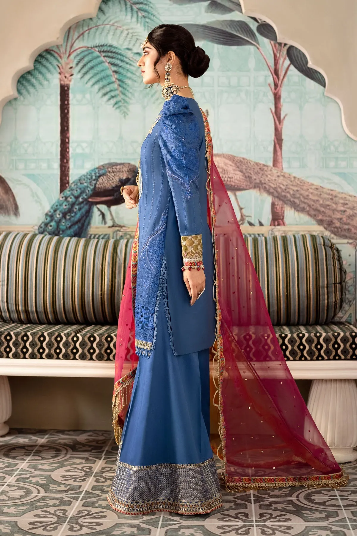 Pakistani Royal Blue Kurti Trousers with Dupatta wedding Party Wear