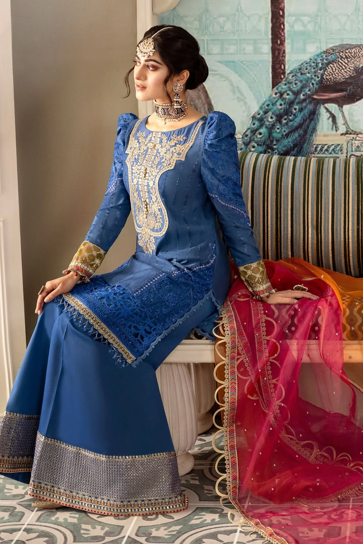 Pakistani Royal Blue Kurti Trousers with Dupatta wedding Party Wear