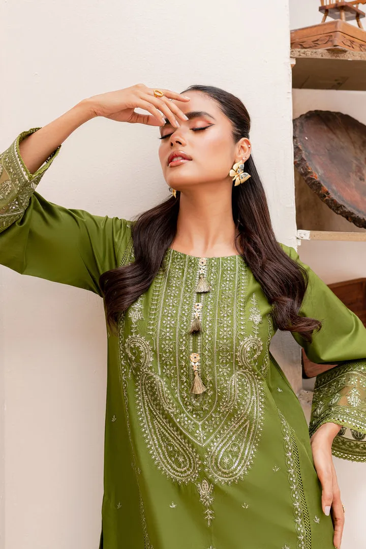 Pakistani Traditional Kameez Trousers Party Dress in Army Green Shade