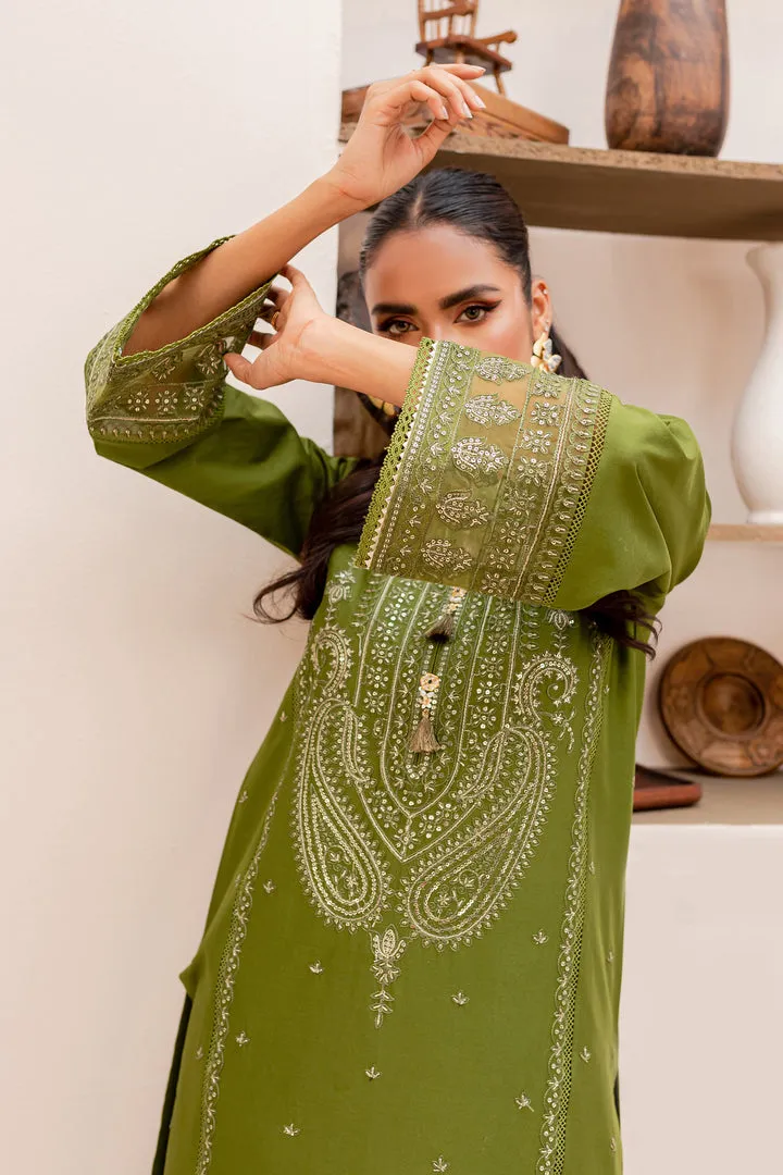 Pakistani Traditional Kameez Trousers Party Dress in Army Green Shade